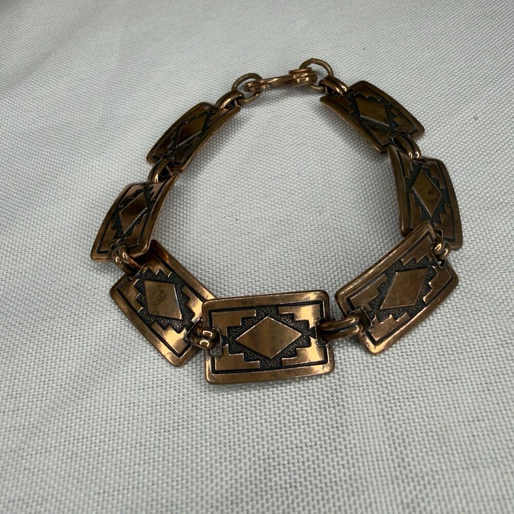 Vintage Solid Copper South Western Wide Link Native Aztec Geometric Stamped